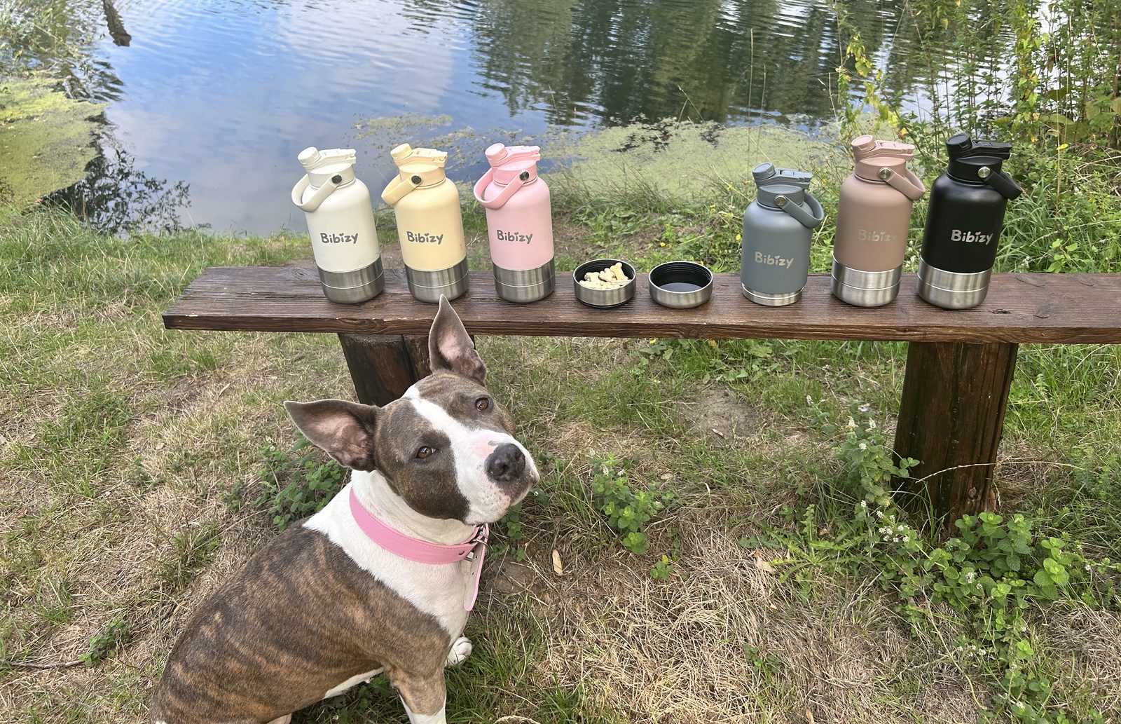 Toute la collection de gourdes Bibizy avec le chien