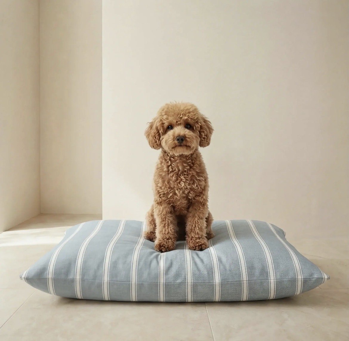 Chien assis sur le lit Max bleu clair à rayures blanches