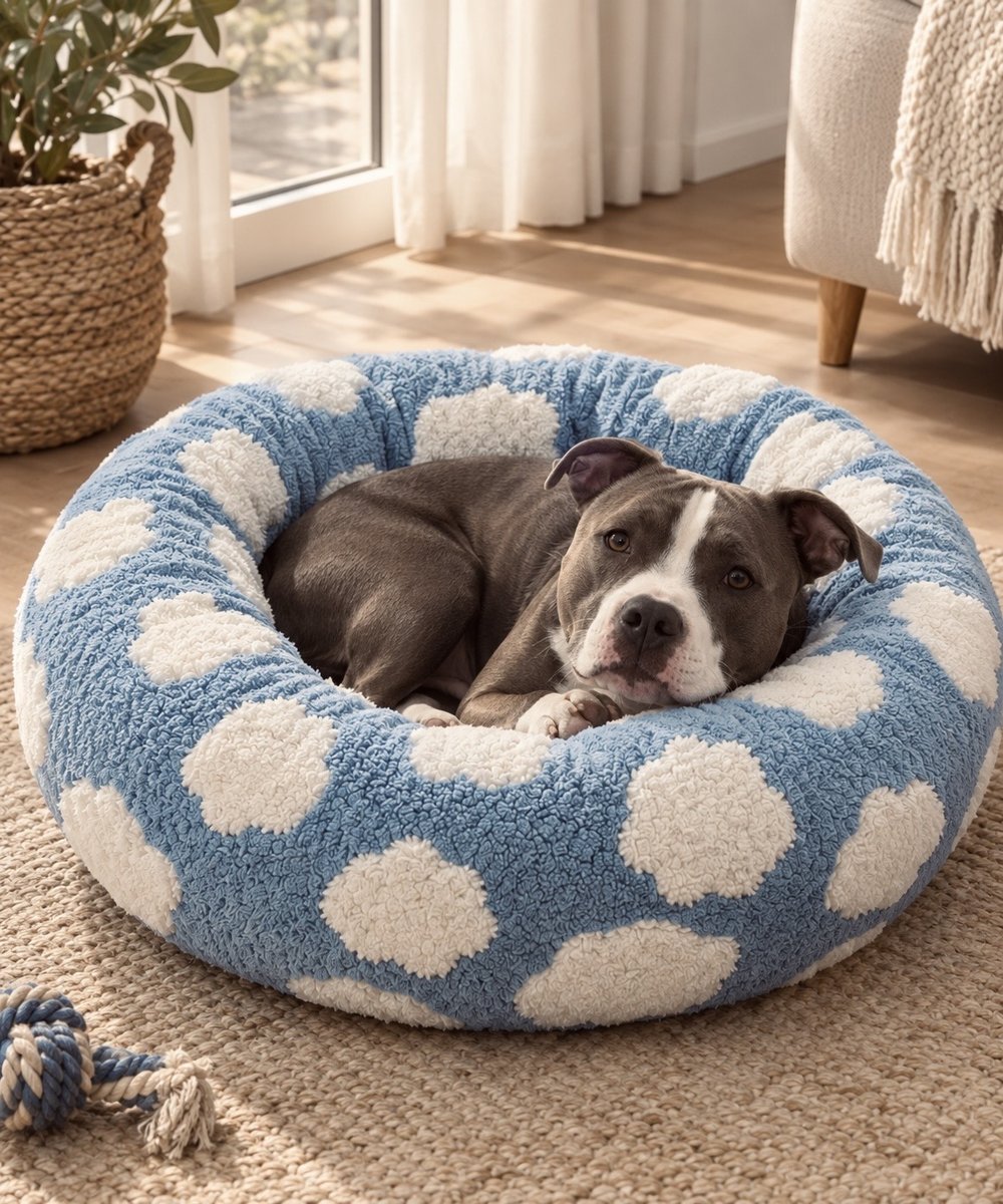Chien couché dans le panier Bouclette, coloris bleu nuages