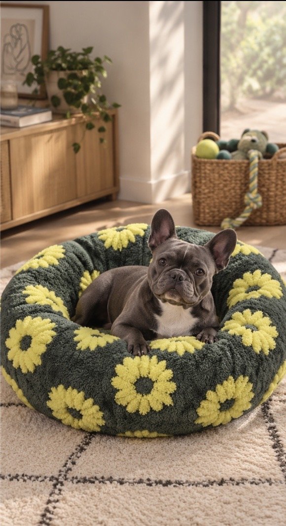 Chien couché dans le panier Bouclette, coloris vert sapin
